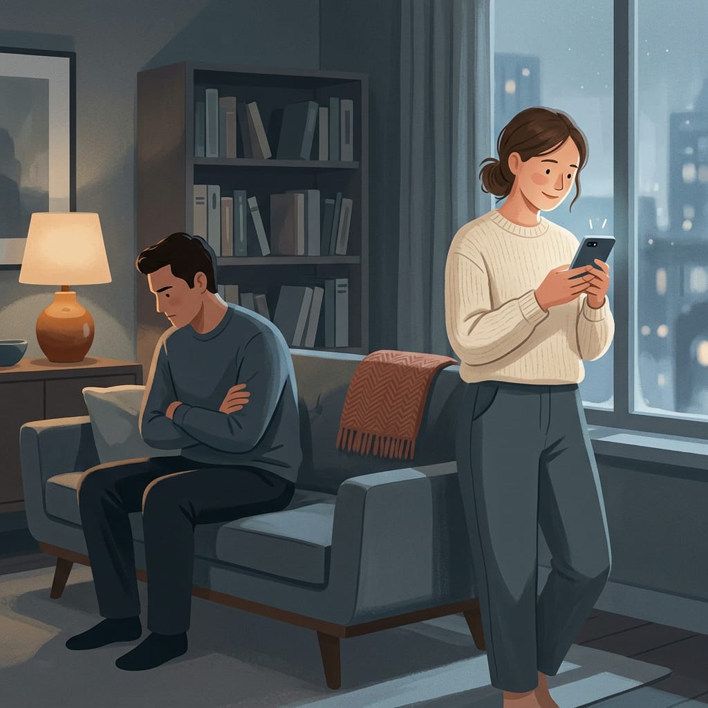 A person reading good news on a phone while a partner looks away