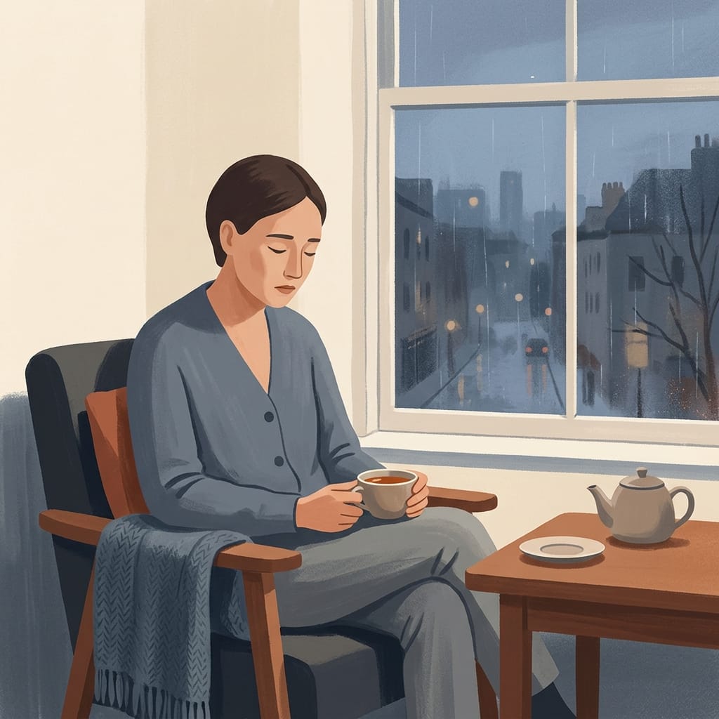 A person sitting quietly alone by a window with a cup of tea