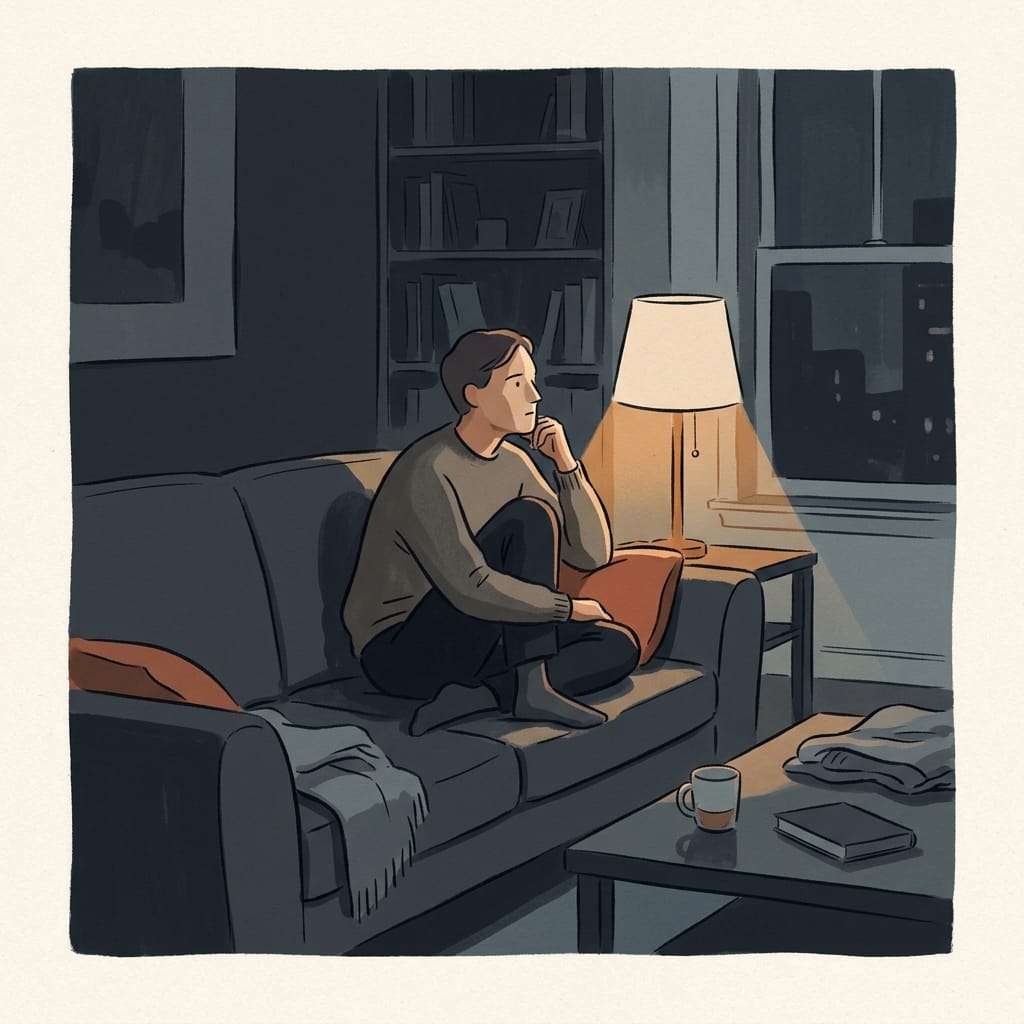 A person sitting alone on a couch deep in thought