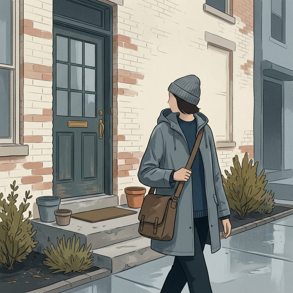 A person leaving the house alone to meet a friend