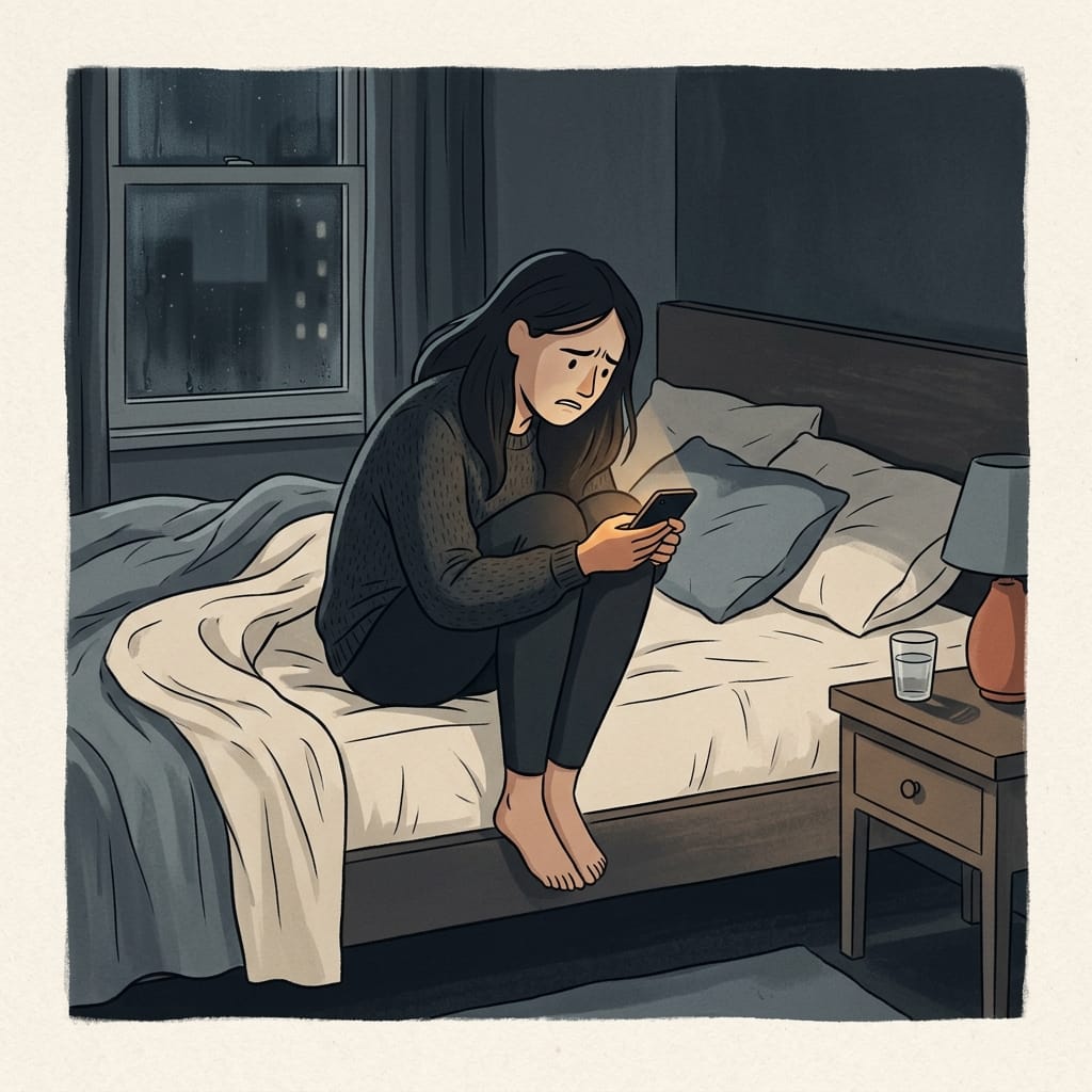 A woman alone on the edge of her bed at night, rereading a single text with dread.