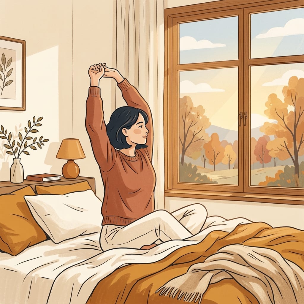 The same woman waking rested by a sunlit window, calm and steady.