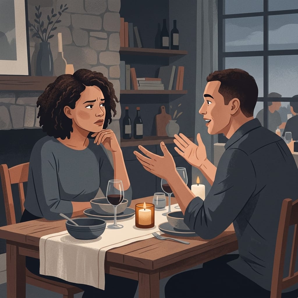 A woman listening uneasily as her partner talks about his ex