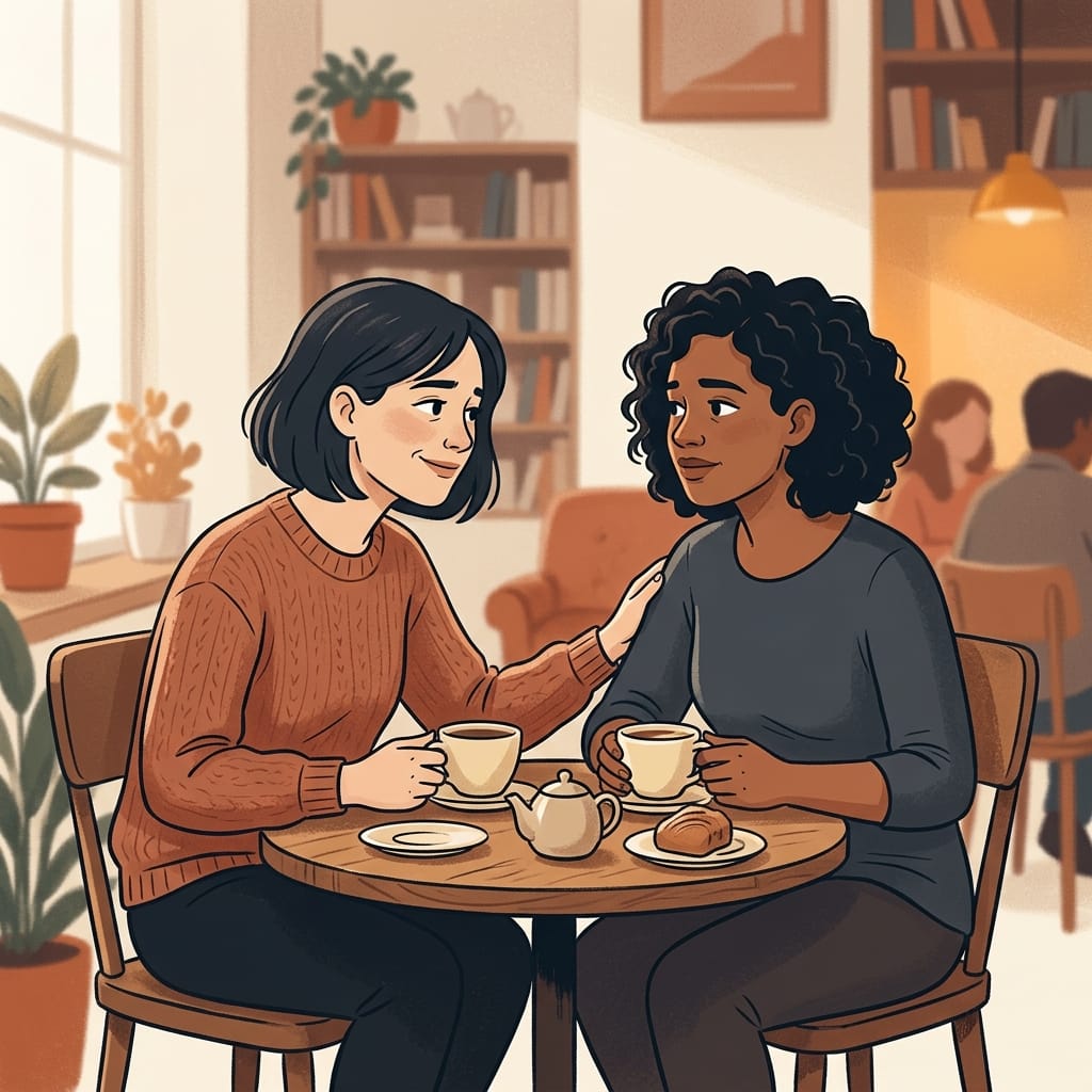A woman realising the truth over coffee with quiet compassion