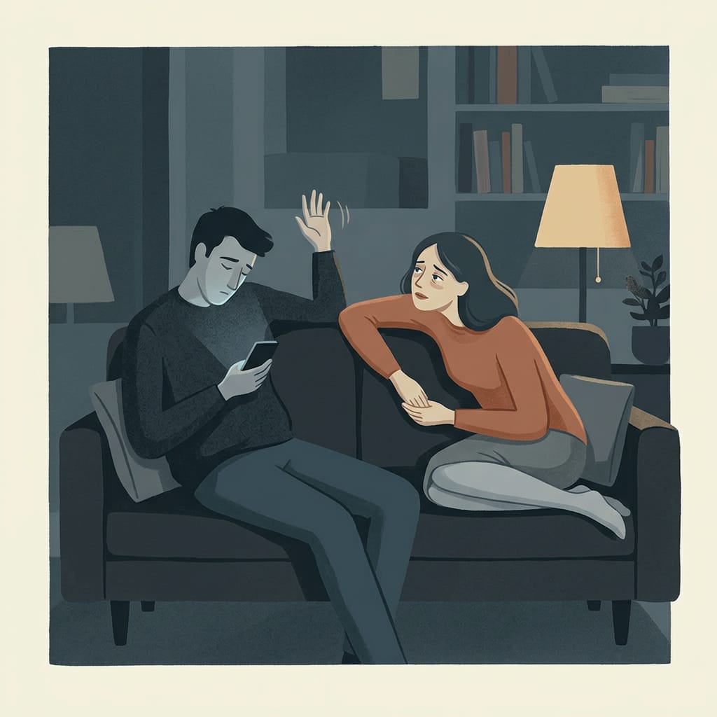 A woman reaching out to a distant unresponsive partner at home