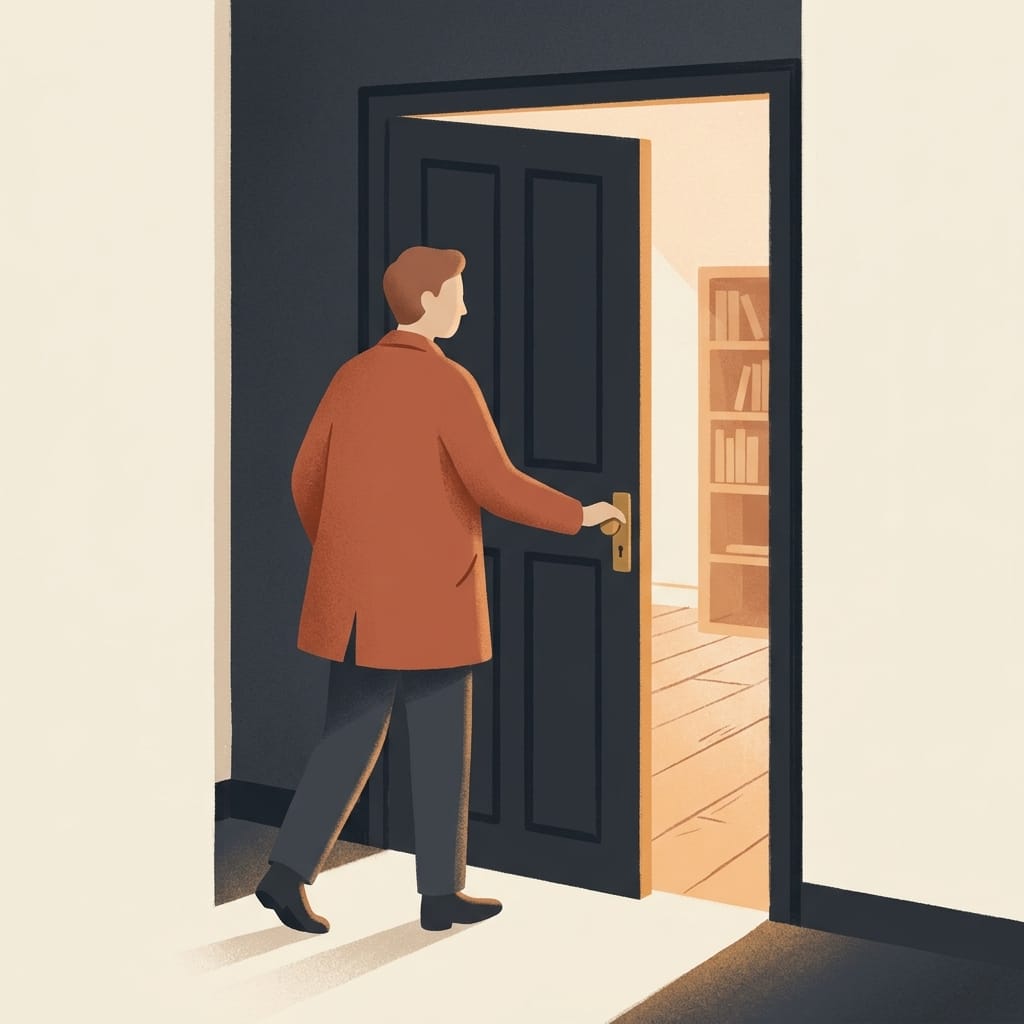 A person stepping through a door into soft morning light