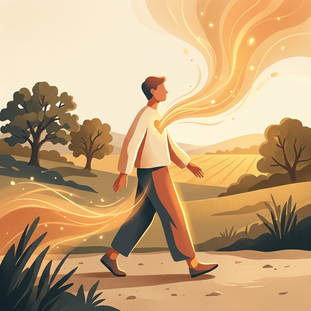 A person walking freely in warm sunlight, done chasing approval