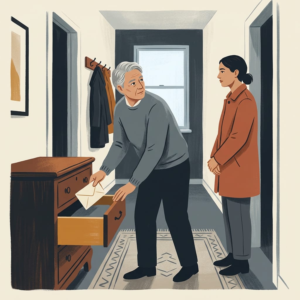 A parent locking away an envelope as an adult child watches