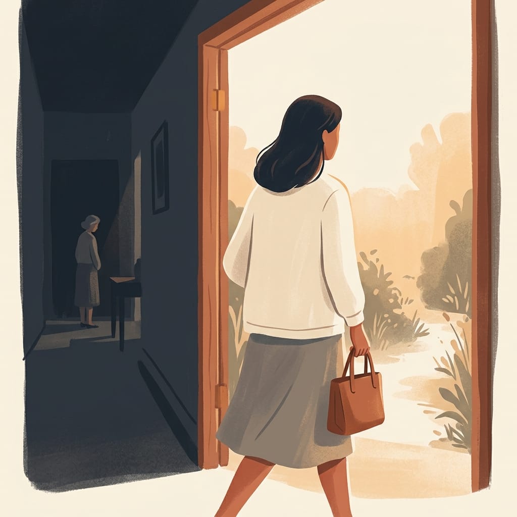 An adult daughter walking out of the family home into warm light