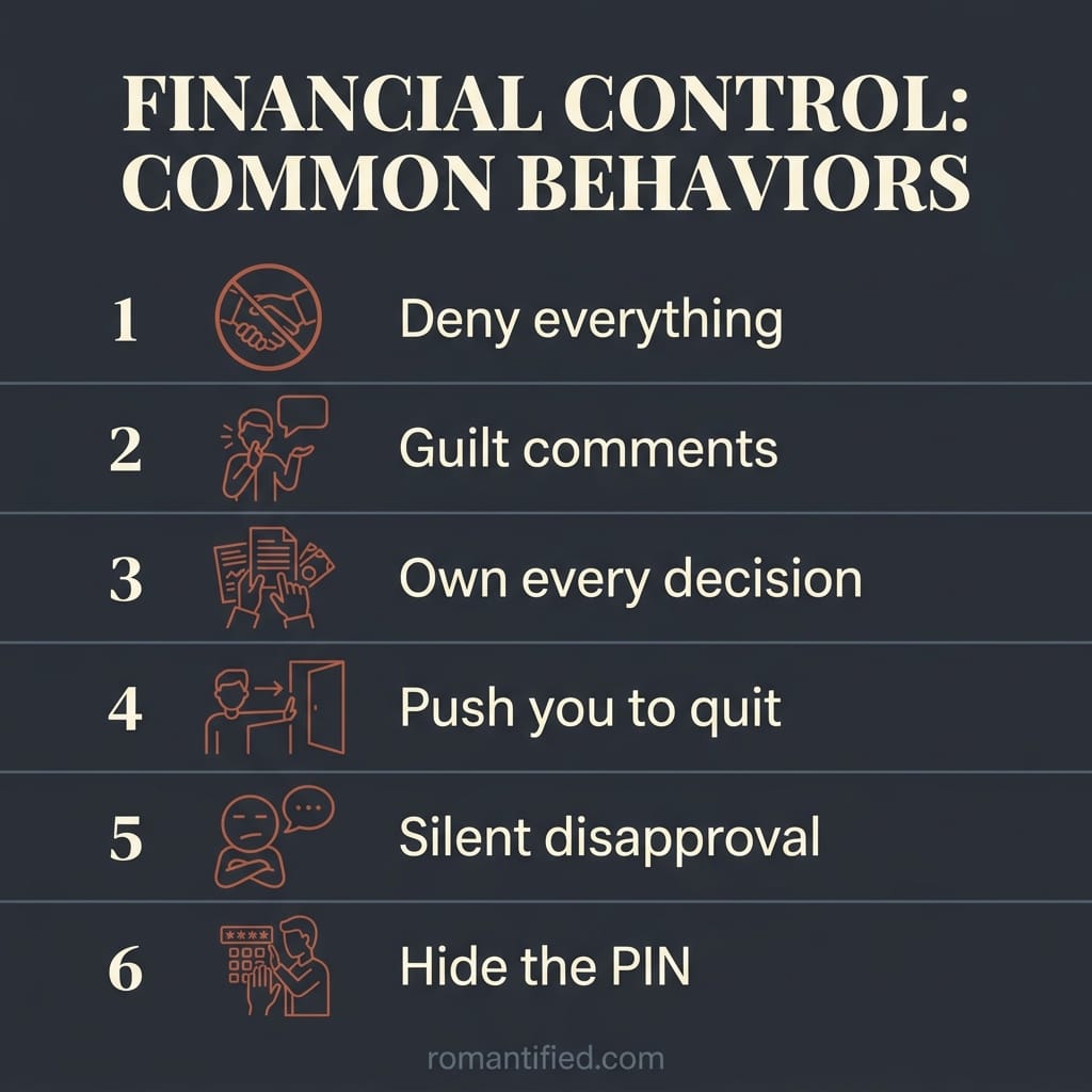 Overview infographic of six financial control tactics, from denying everything to hiding the PIN.