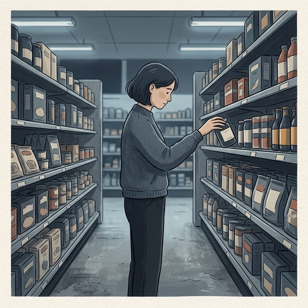A woman in a supermarket aisle quietly putting an item back on the shelf.