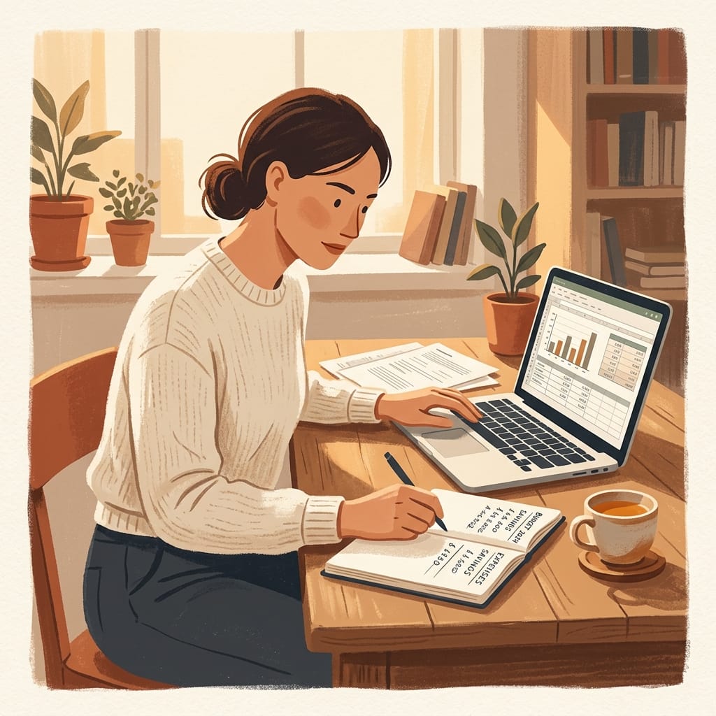 A woman at a sunlit desk taking charge of her own finances with a laptop and notebook.