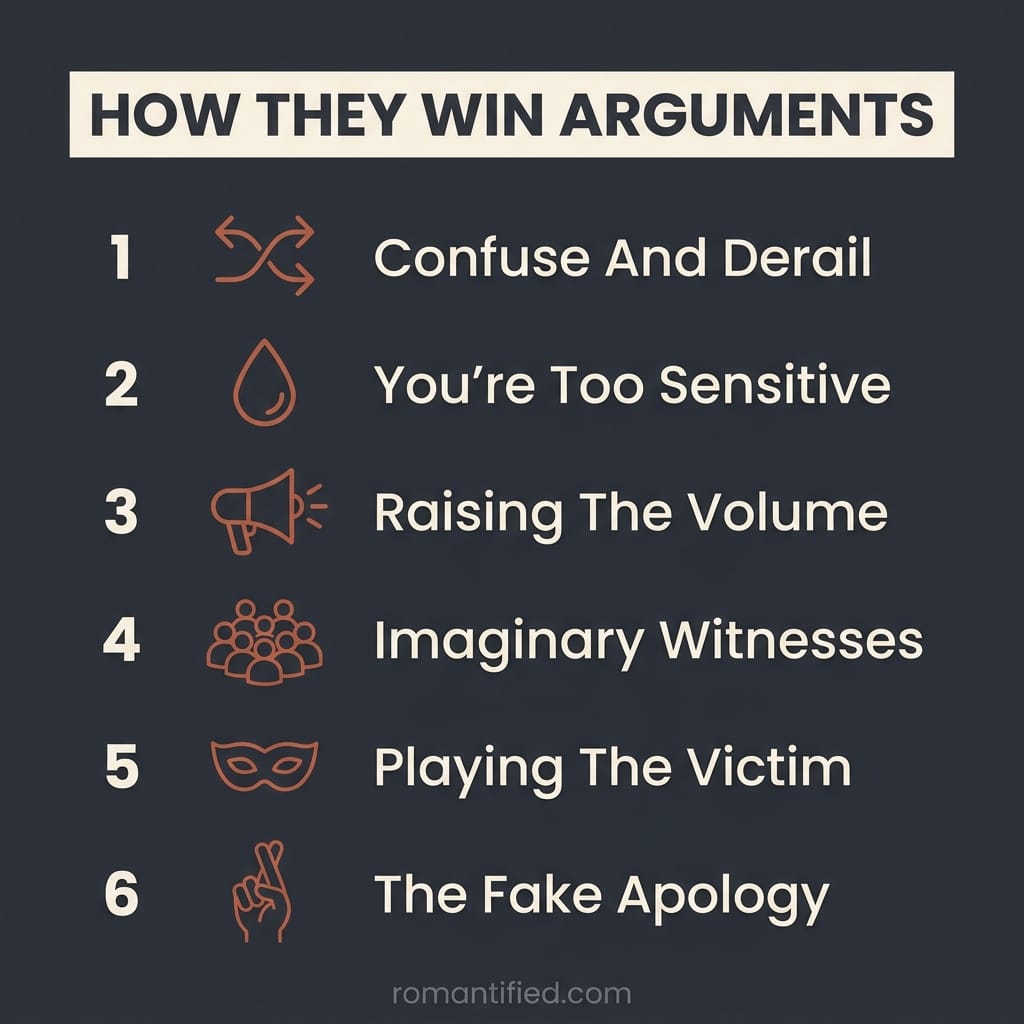 Overview infographic of six dirty tricks narcissists use in arguments