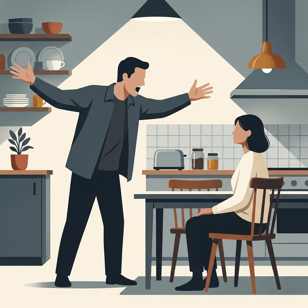 A narcissist looming and shouting while the partner stays composed