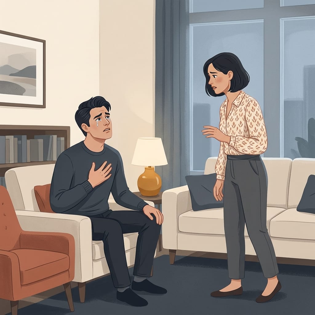A narcissist suddenly playing wounded as the partner pauses in guilt
