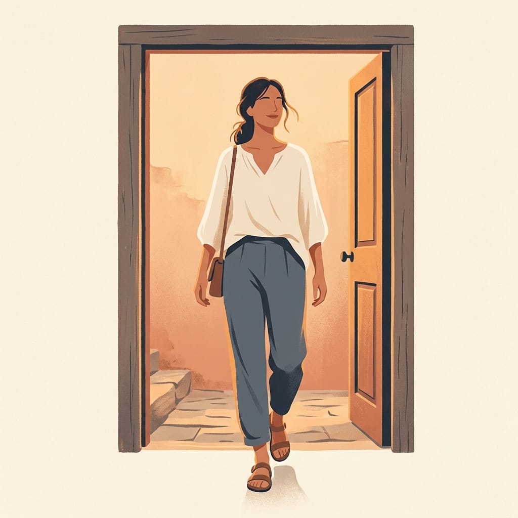 A woman walking out into warm light with her head high, calm and in control of herself