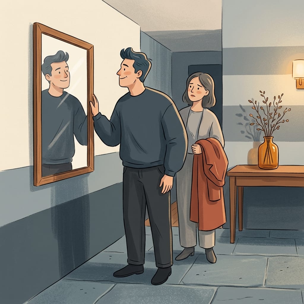 A person admiring their reflection while their partner stands ignored