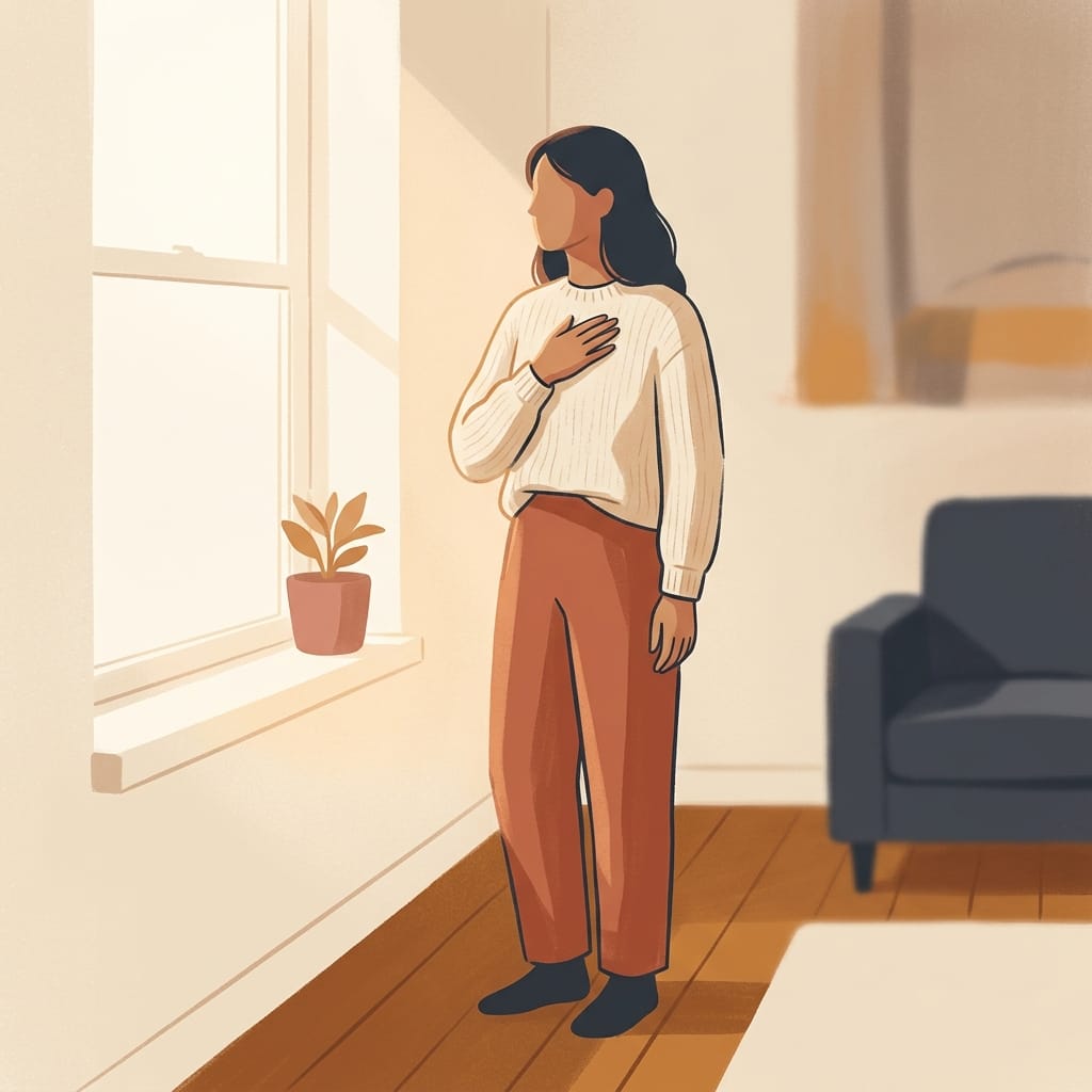 A woman standing calm and grounded in warm morning light