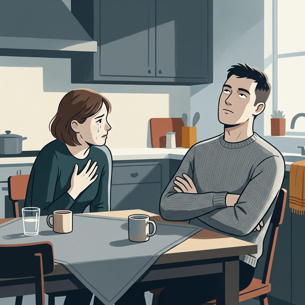 Partner sits coldly silent while woman is upset
