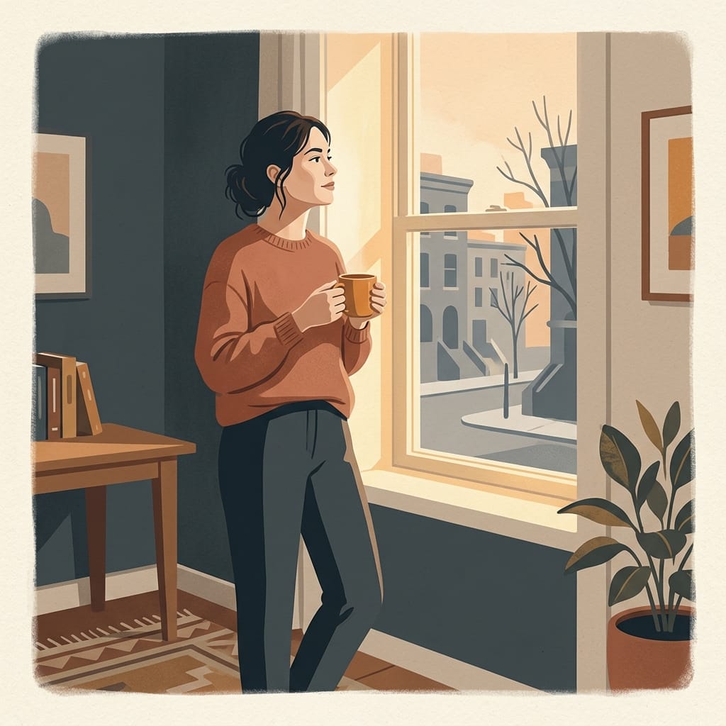 Woman trusting her own feelings in a warm kitchen