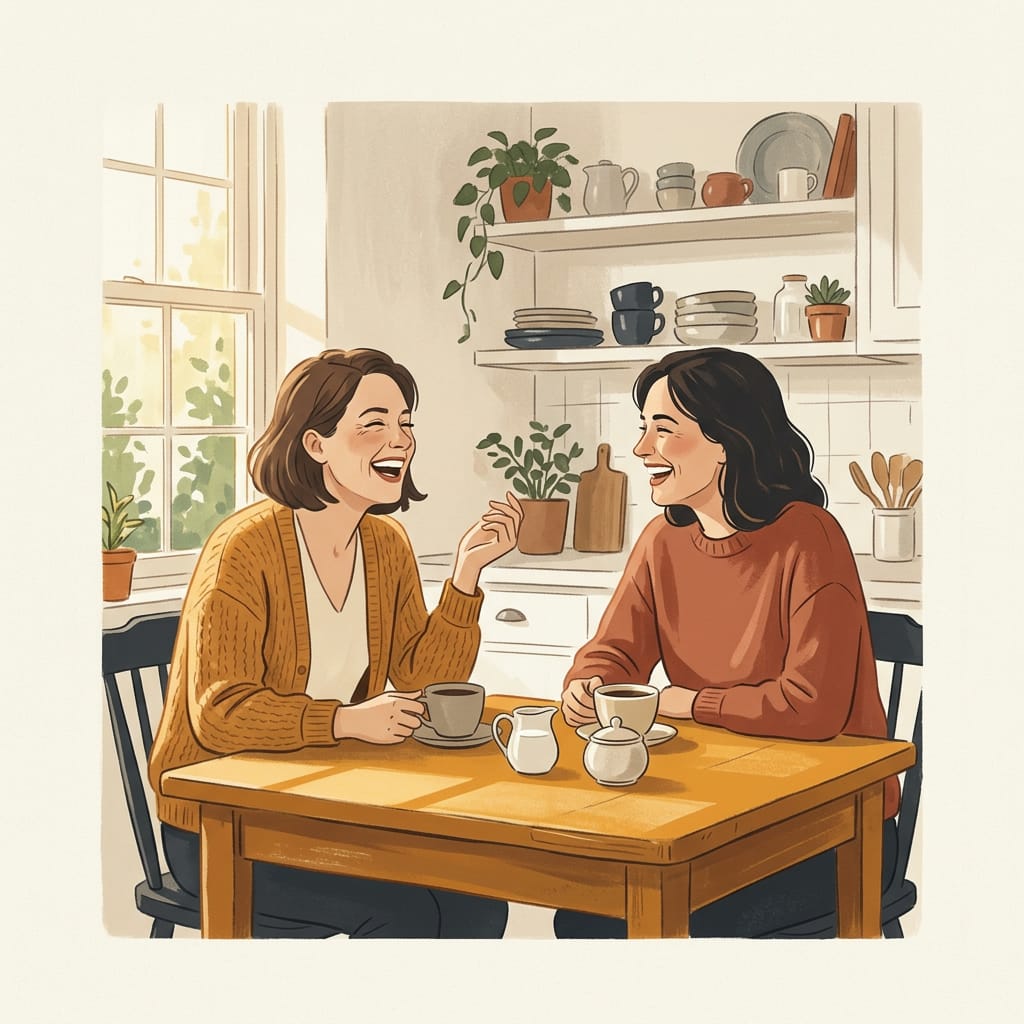 A woman laughing warmly and unbothered at home