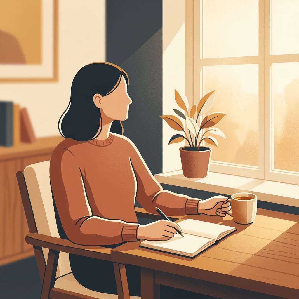 A woman quietly reconnecting with herself in a warm, calm moment of recovery