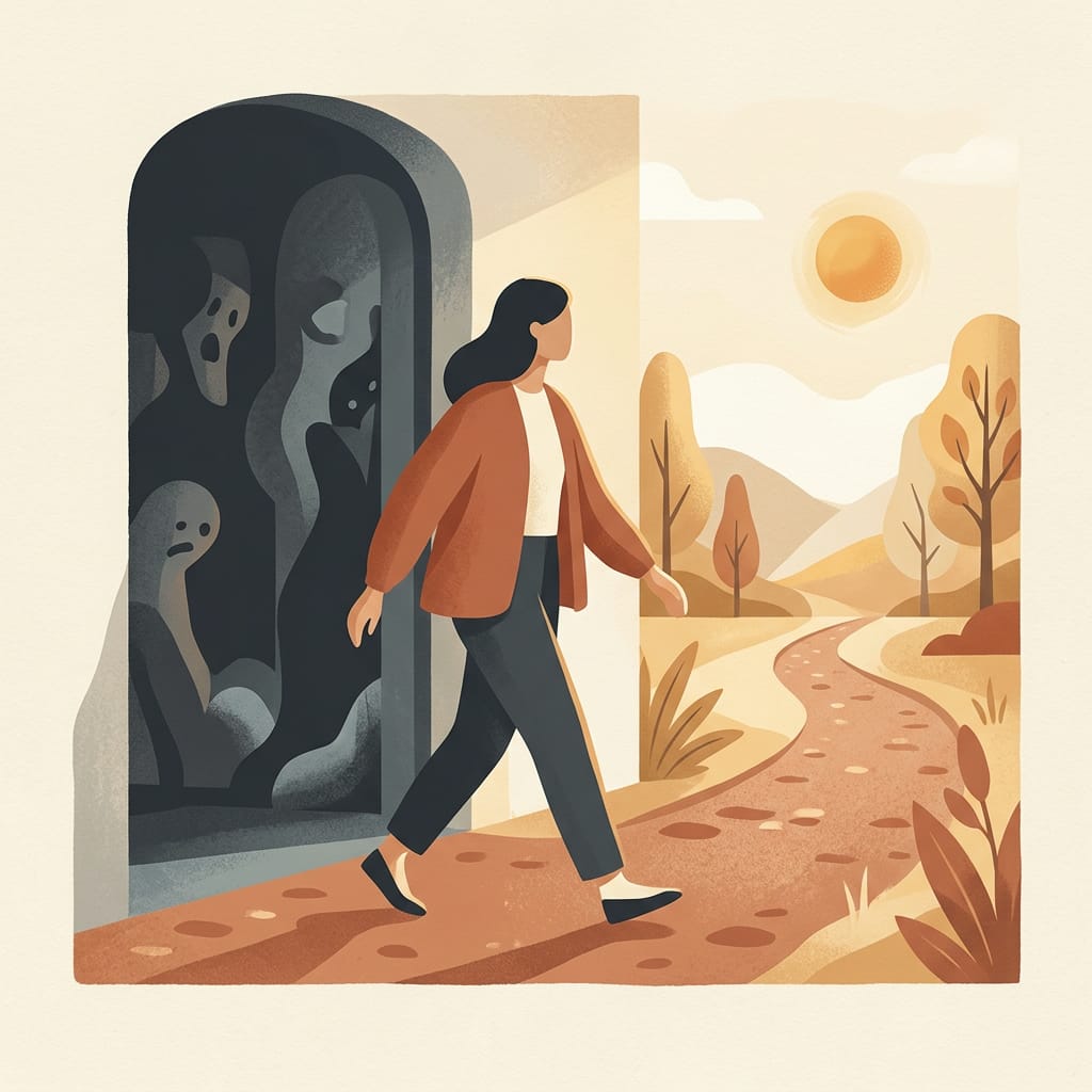 a woman walking free into the light