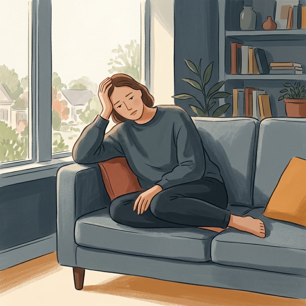 A woman slumped and heavy-eyed on a couch in the afternoon
