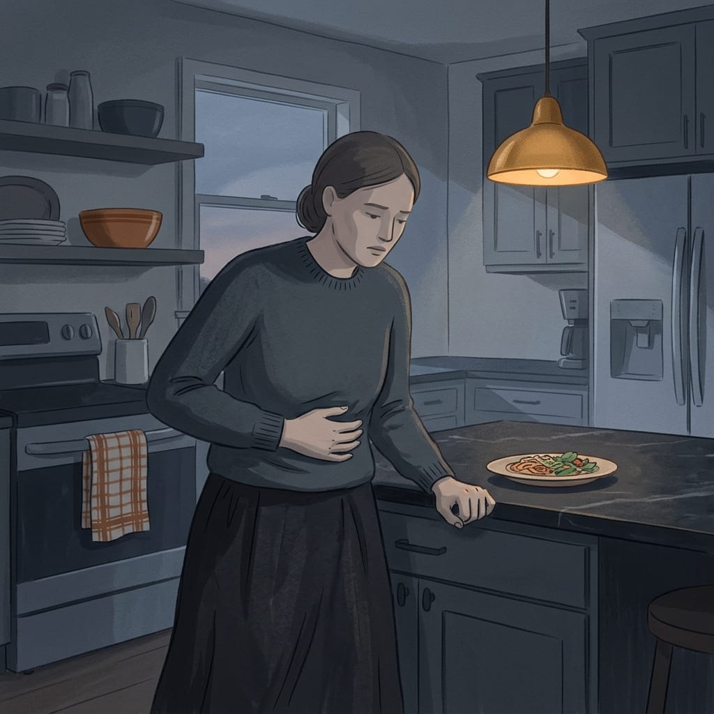 A woman in a kitchen with a hand pressed to her stomach, food untouched