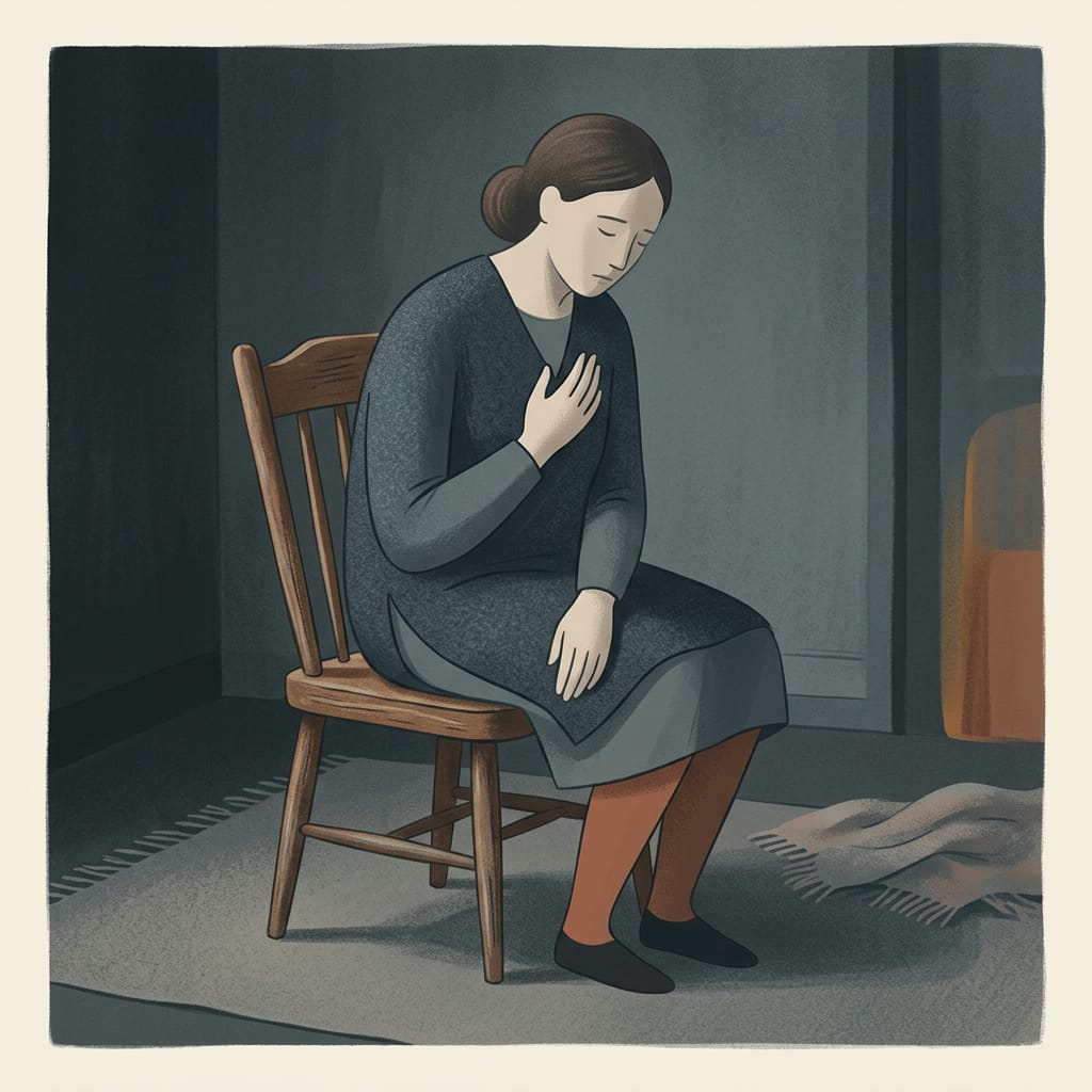 A woman sitting with a hand resting over her heavy chest, looking down