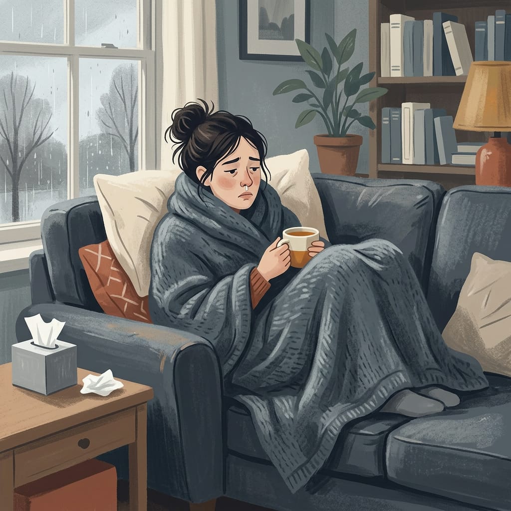 A woman wrapped in a blanket on the sofa with tea, run down by a lingering cold