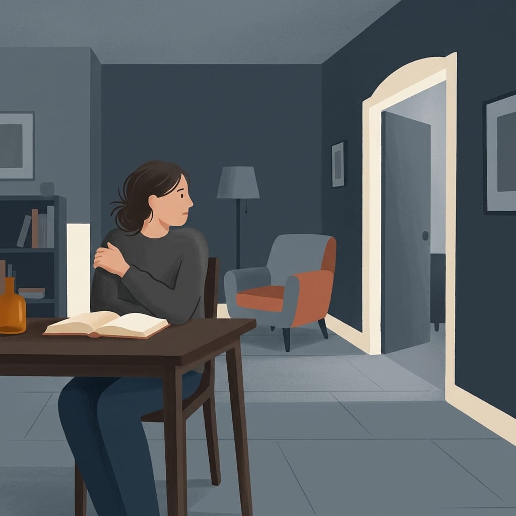 A woman startling at a small sound in a quiet room