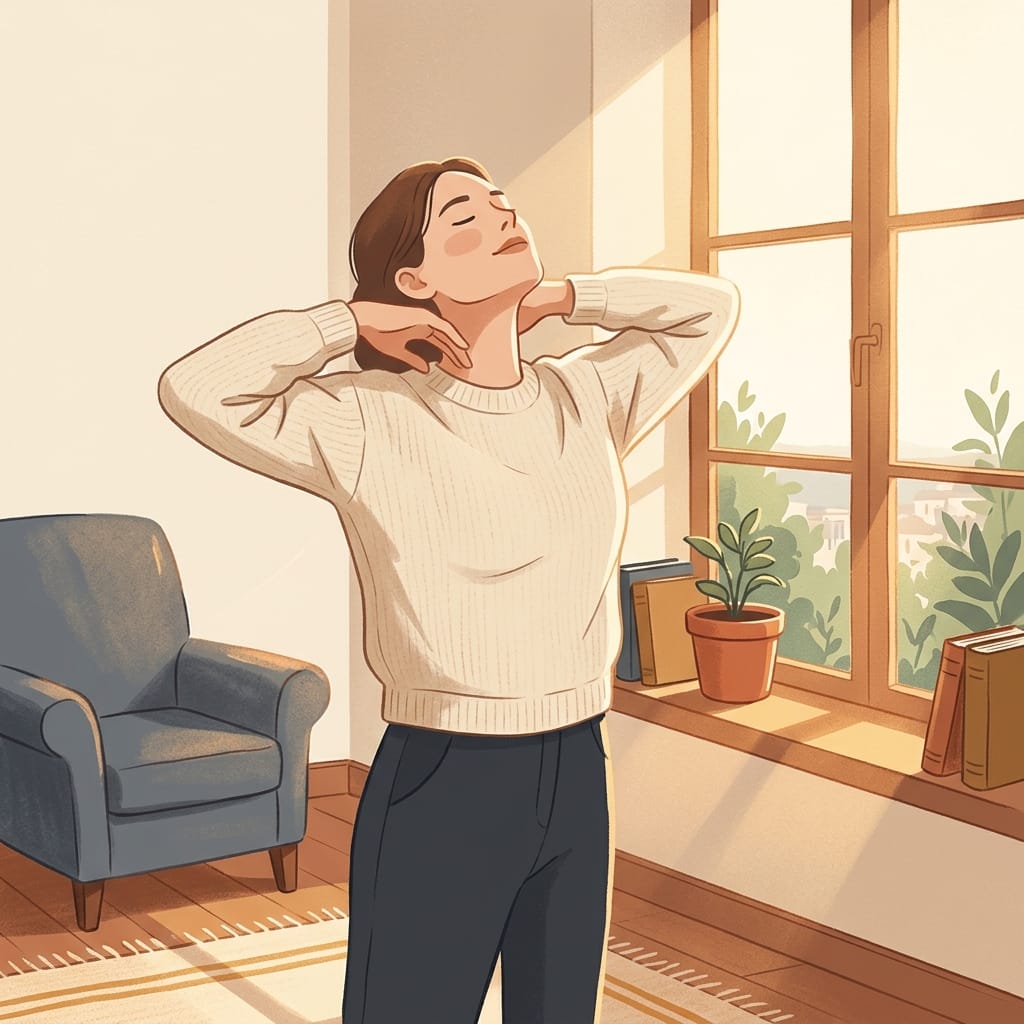 A woman stretching gently by a sunlit window, her shoulders loosening