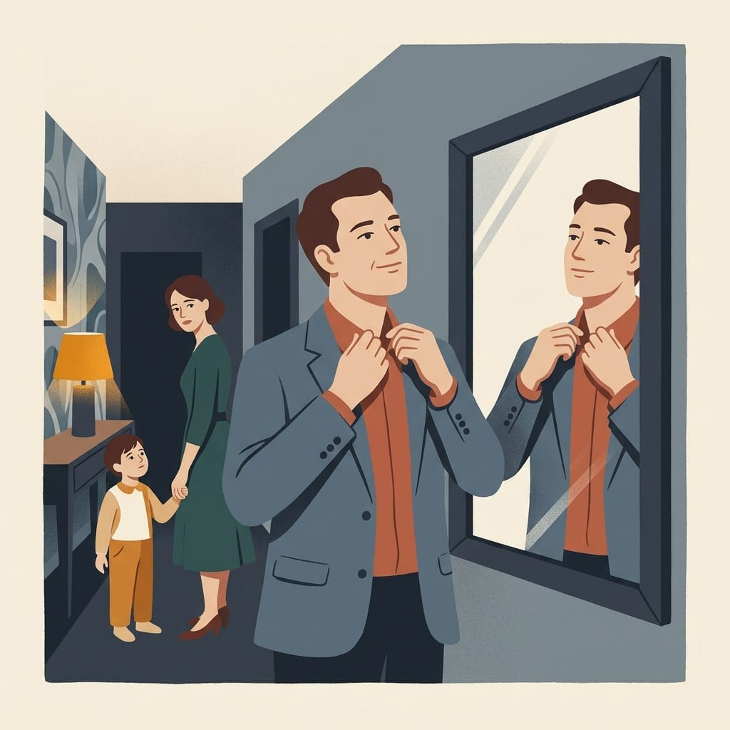 A man checking himself in a hallway mirror while his wife and child wait behind him
