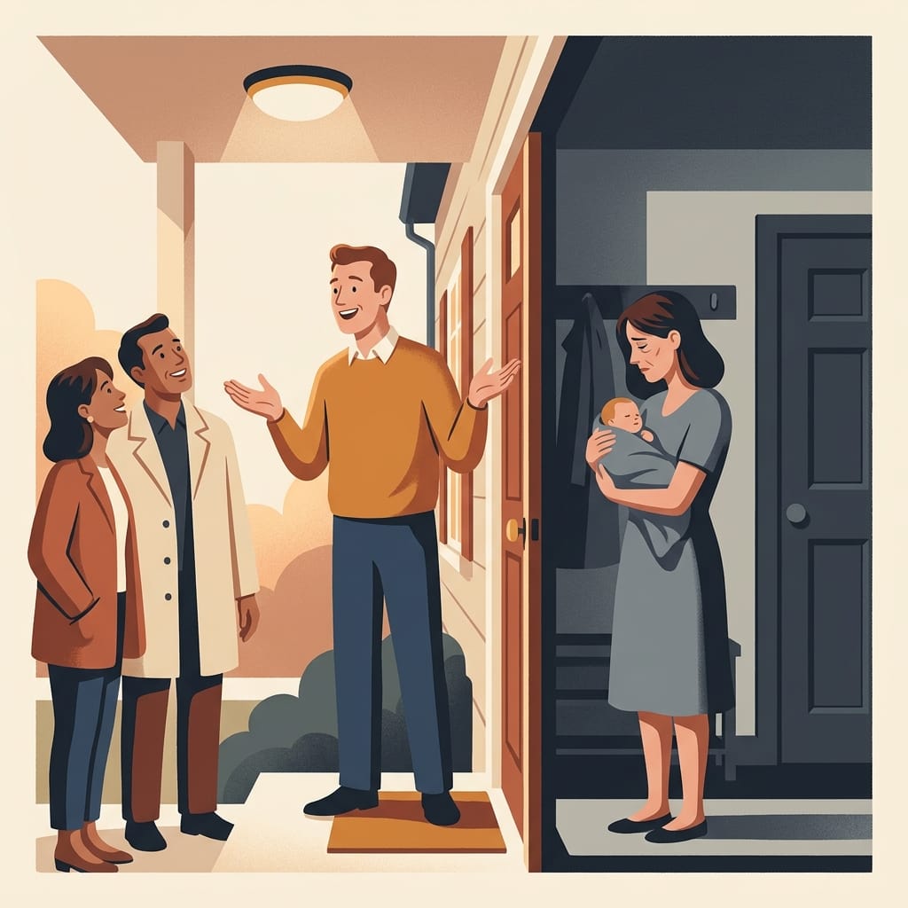 A man charming admiring neighbors on the doorstep while his tired wife waits unseen inside