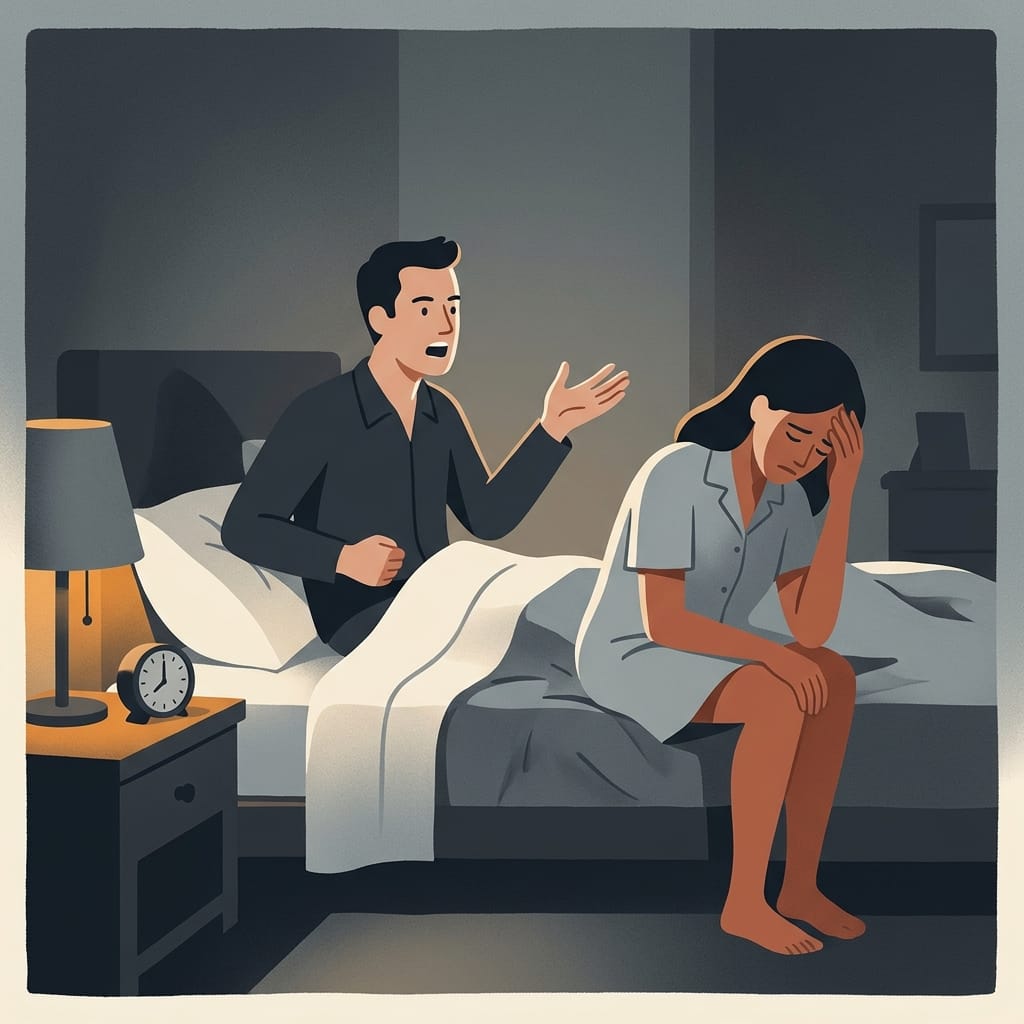 A dim bedroom late at night, a man arguing while his exhausted wife sits on the bed
