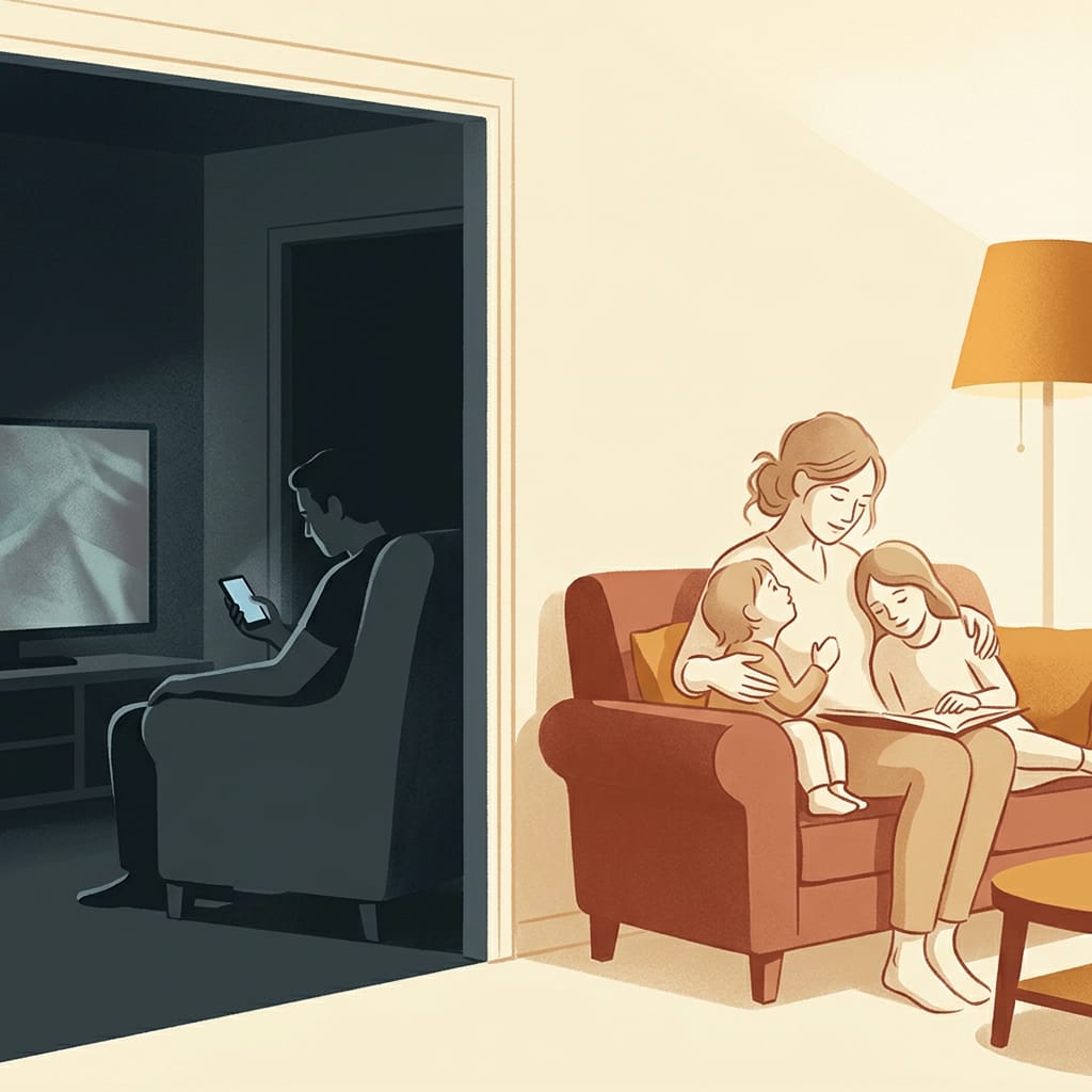 A man withdrawn in shadow while his wife and children share a warm moment without him