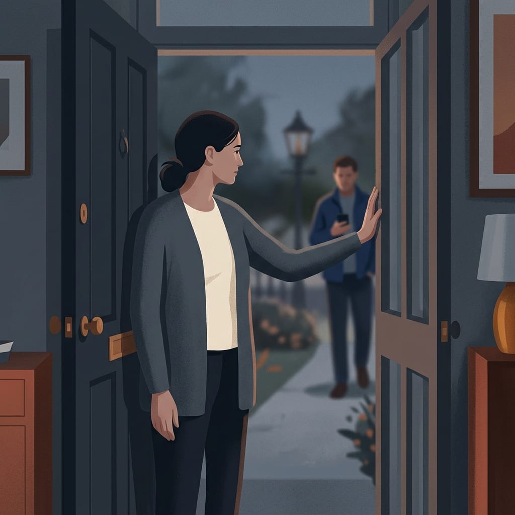 A woman lingering by an open door unable to leave