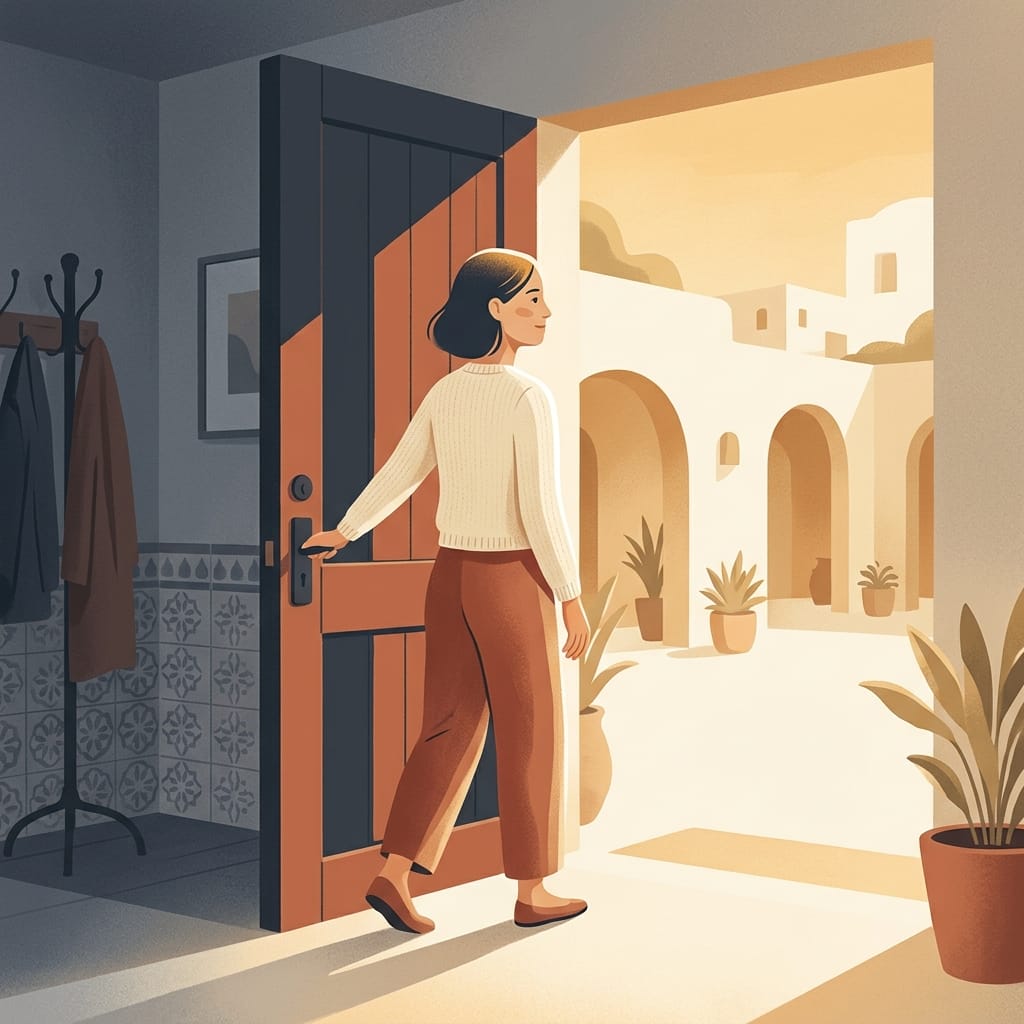 A woman finally stepping through the doorway into light