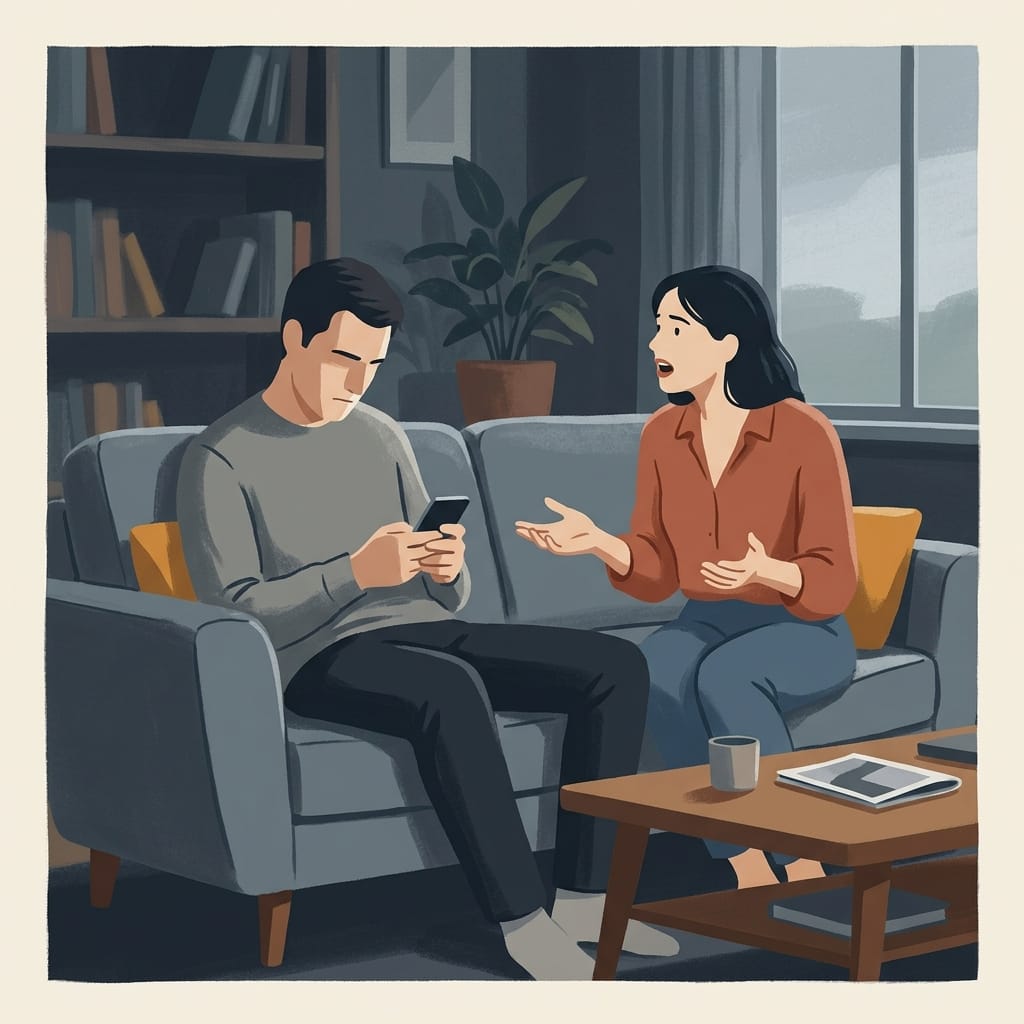 A distracted partner losing interest on the sofa