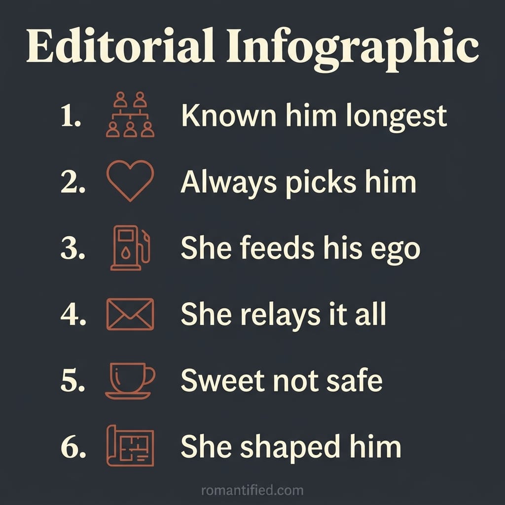 Overview infographic of why the narcissist's mother is never your ally, small icons with short labels