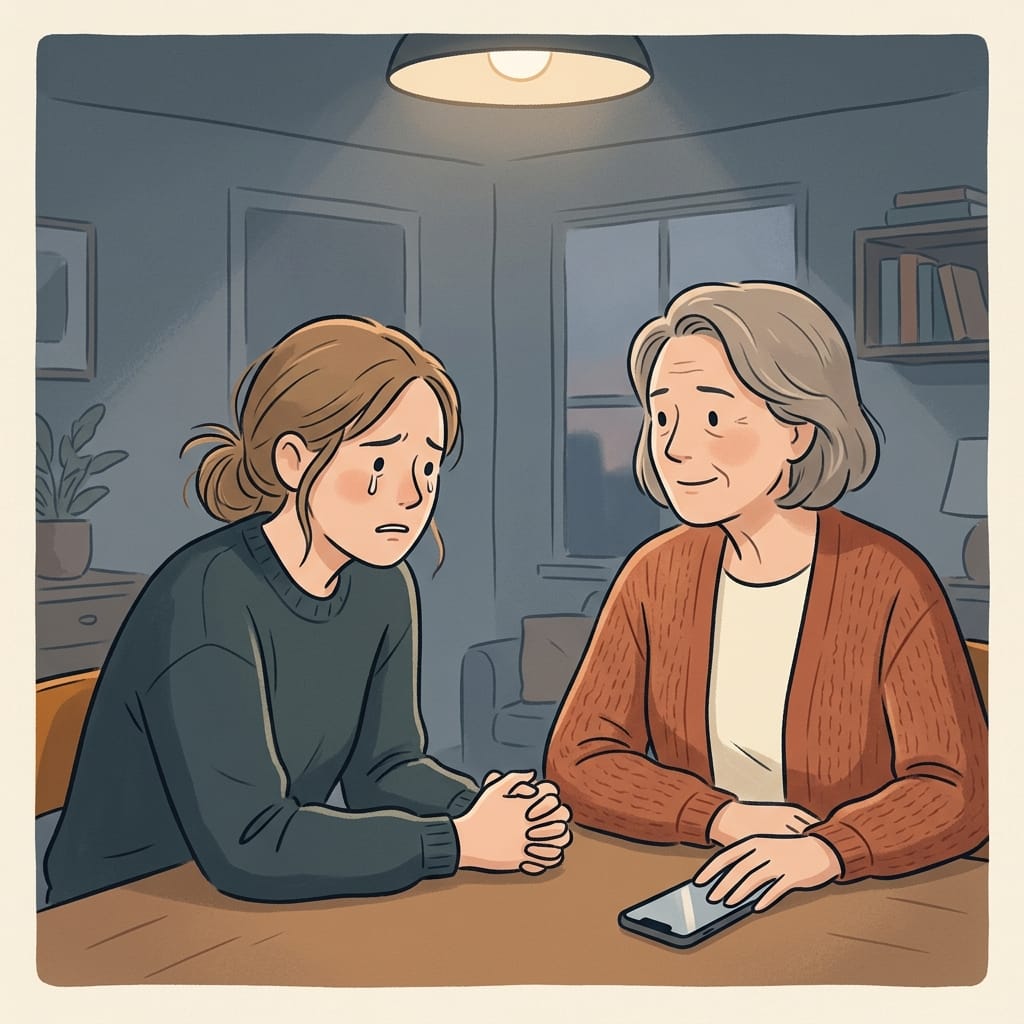 A young woman confides tearfully in her mother-in-law, not seeing her reach for the phone