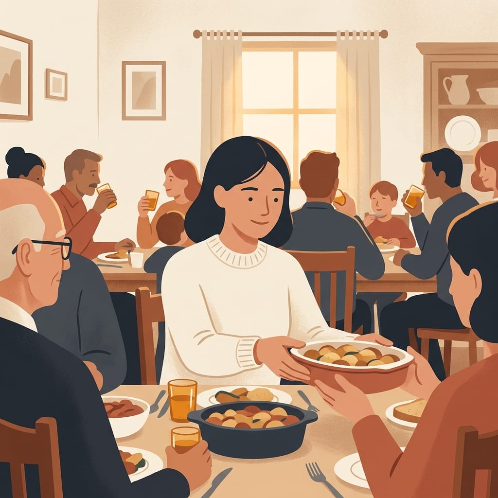 A woman stays warm but guarded at a family lunch, keeping her private life to herself
