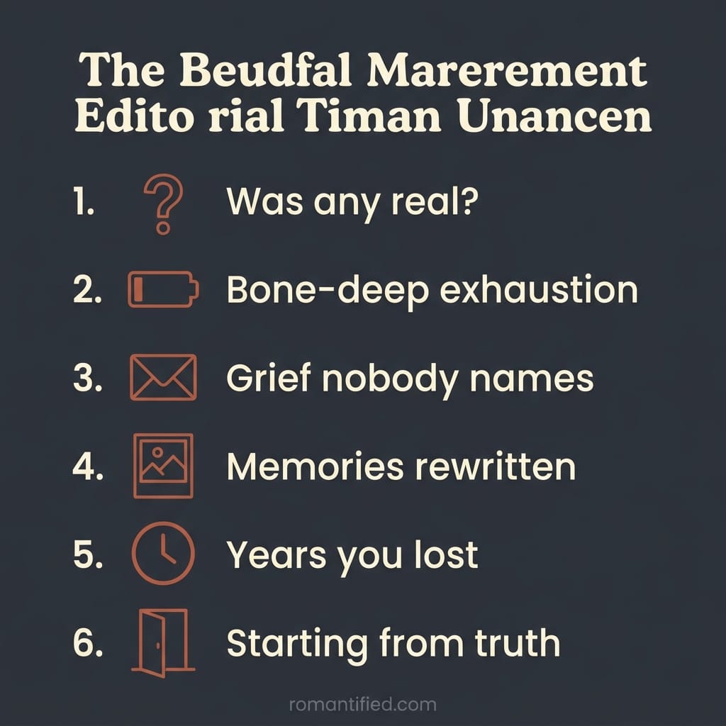 Overview infographic of what finding out your marriage was a lie feels like at 45, small icons with short labels