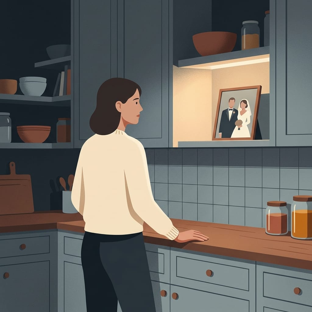 A woman stands frozen in her own kitchen at night as ordinary objects suddenly feel like evidence