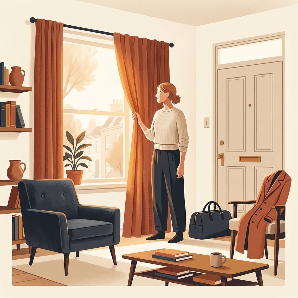 A woman opens the curtains to morning light, ready to start again on her own terms