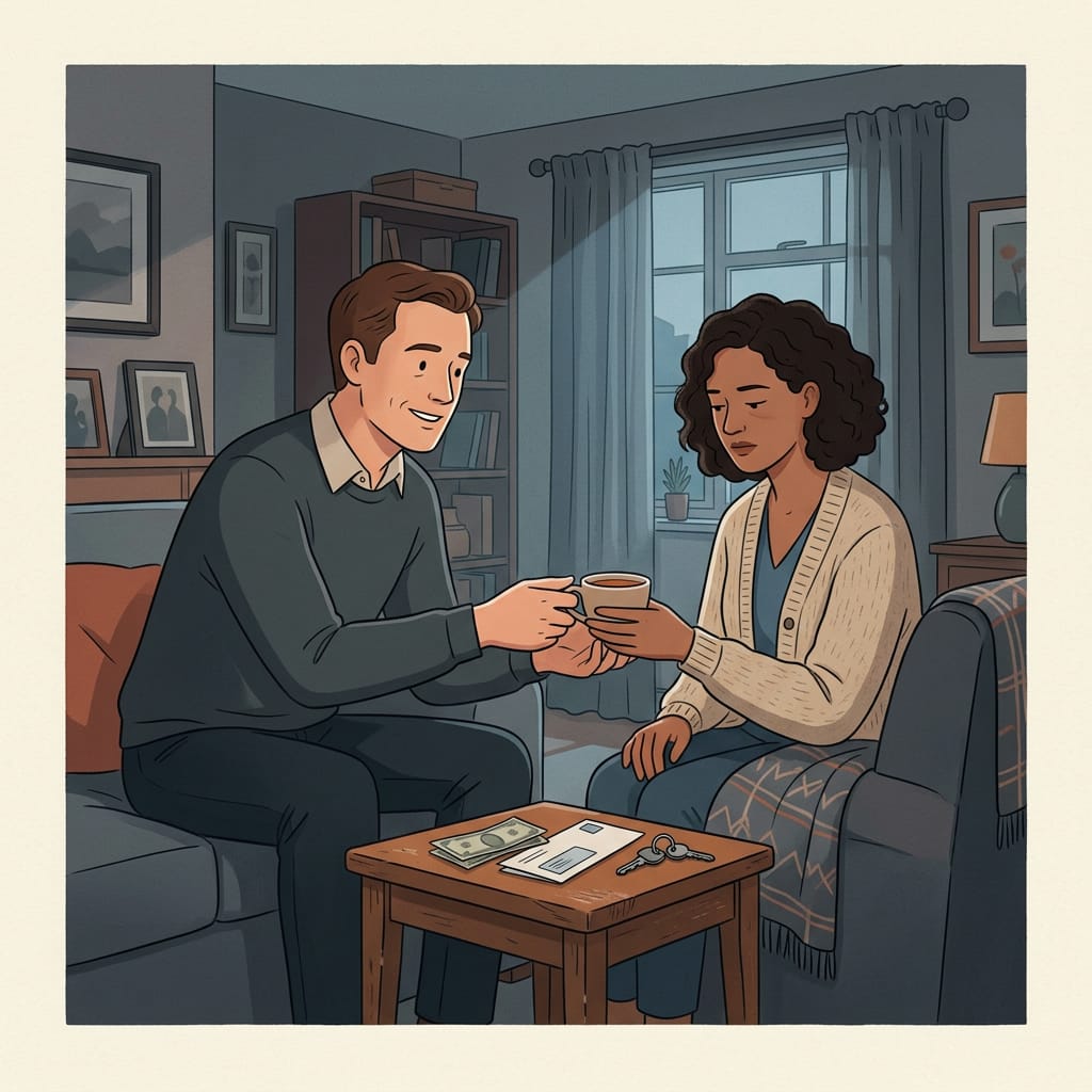 A man suddenly warm and attentive as cash appears on the counter