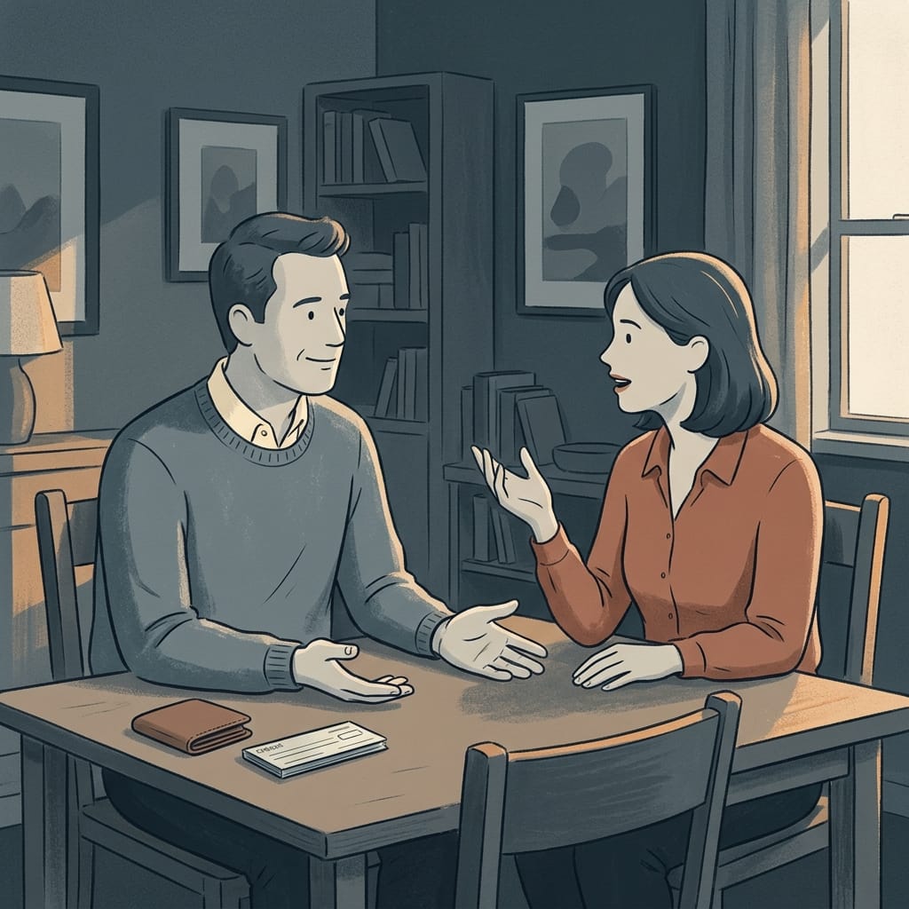 A man nodding agreeably at a table with a wallet nearby