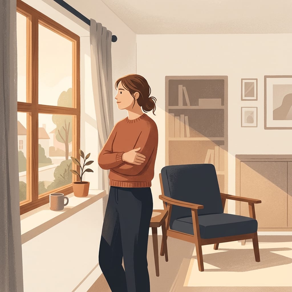 A woman at a window in warm light, calm with a quiet realization
