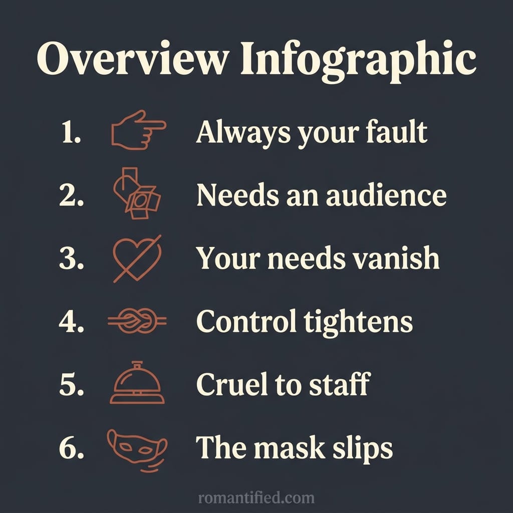 Overview of six ways a narcissist gets exposed on holiday, shown as numbered icons